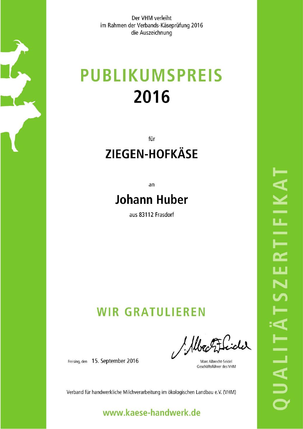 Publikumspreis Ziegen-Hofkäse 2016